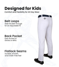Pull-Up Boys Baseball Pants with Adjustable Drawstring, Full Length & Open Bottom (White)